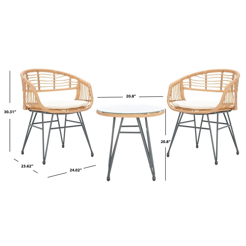 Safavieh Ferla 3Pc Rattan and Steel Lounger Set in Natural / Beige