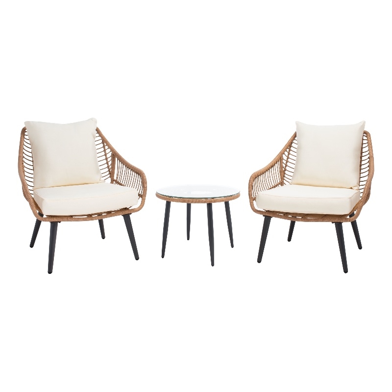 Safavieh Warlen 3Pc Rattan and Steel Lounger Set in Natural / Beige
