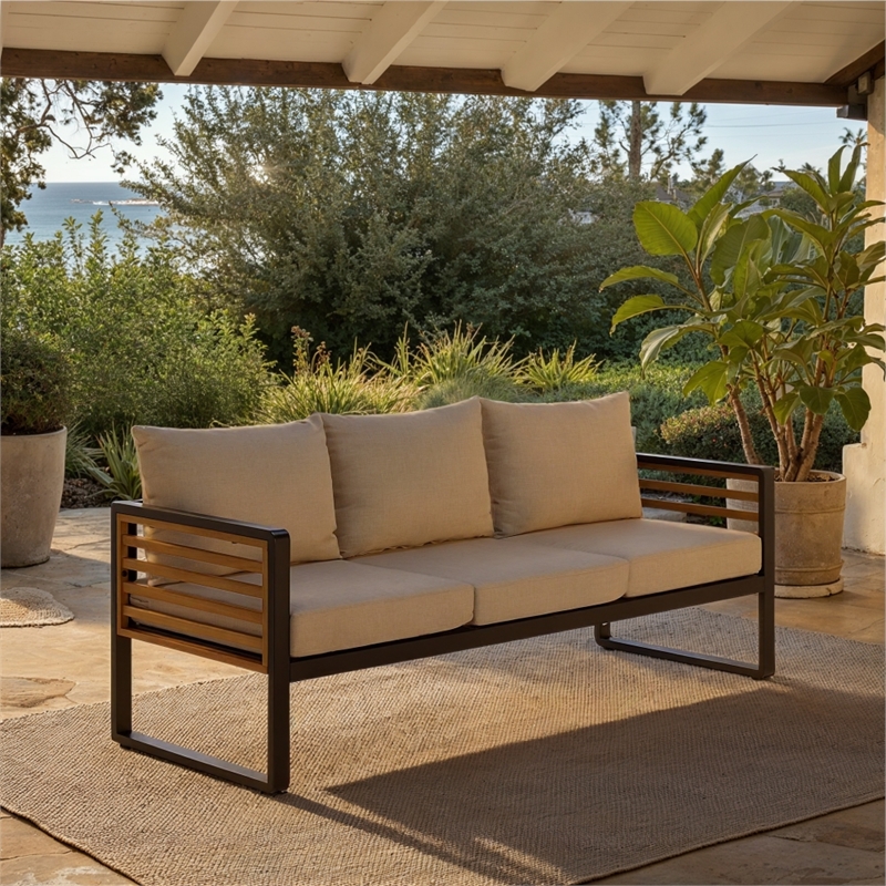 Safavieh Baker 3 Seater Steel and Wood Sofa  in Black / Taupe