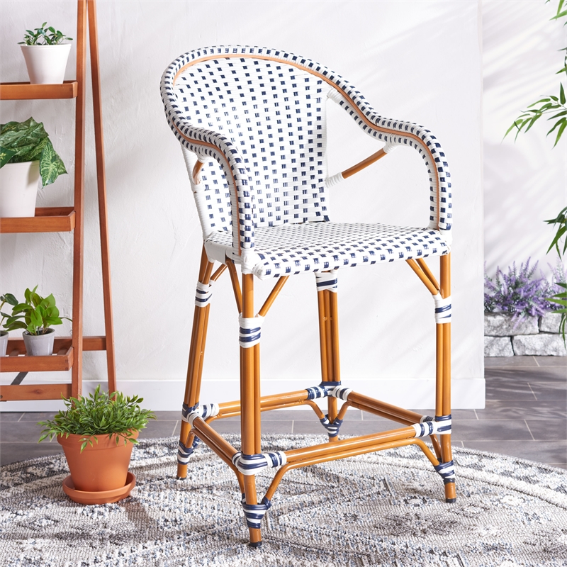 Safavieh California Metal Counter Stool w/ Arm in White / Navy