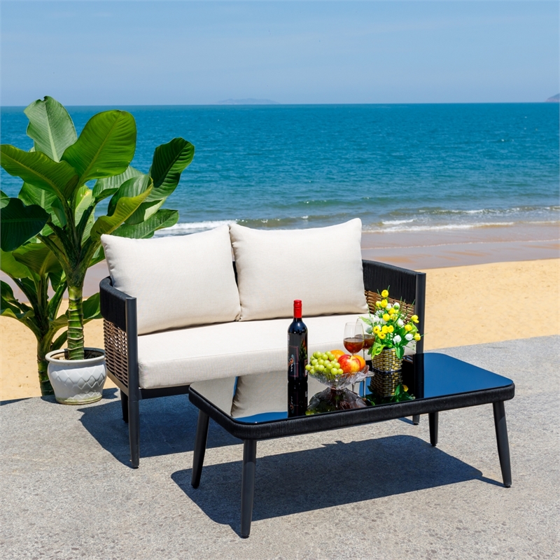 Safavieh Harrison Steel Bench and Table  in Black / Taupe