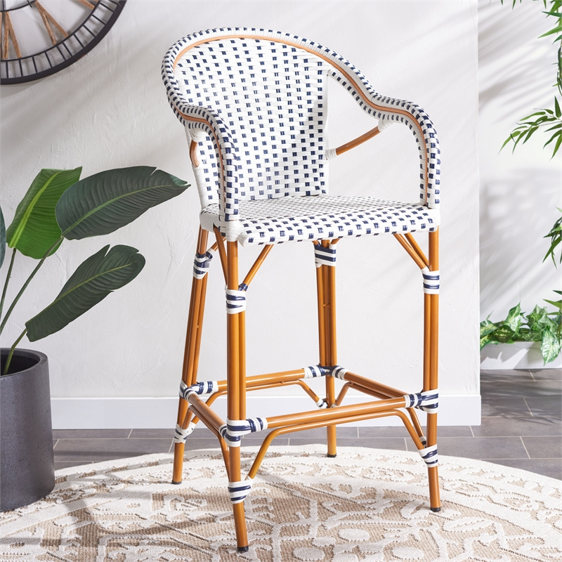 Safavieh California Metal Bar Stool w/ Arms in White / Navy