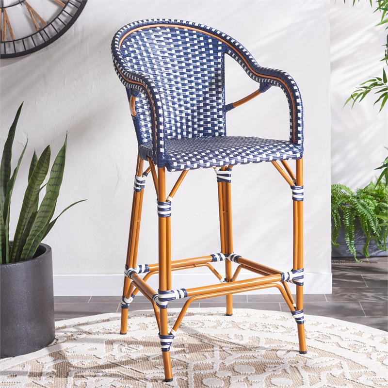 Safavieh California Metal Bar Stool w/ Arms in Navy / White