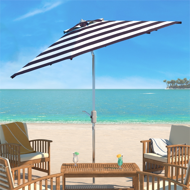 Safavieh Iris Fashion Line 9Ft Round Metal and Fabric Umbrella in Navy / White