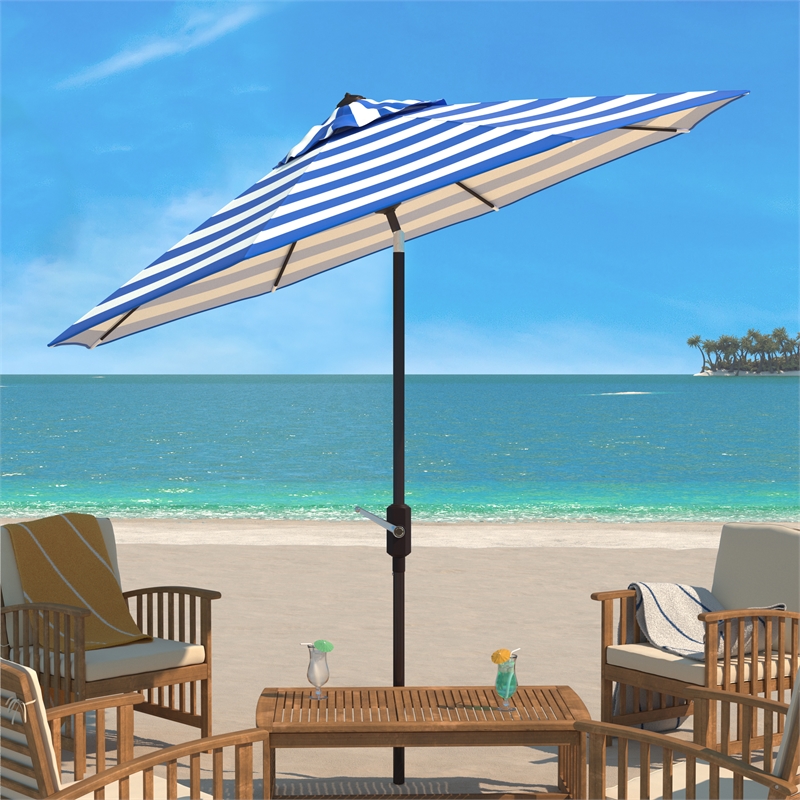 Safavieh Iris Fashion Line 9Ft Round Metal and Fabric Umbrella in Blue