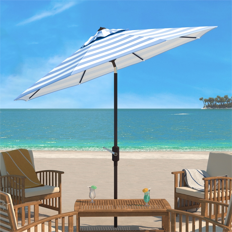 Safavieh Iris Fashion Line 9Ft Round Metal and Fabric Umbrella in BabyBlue/White