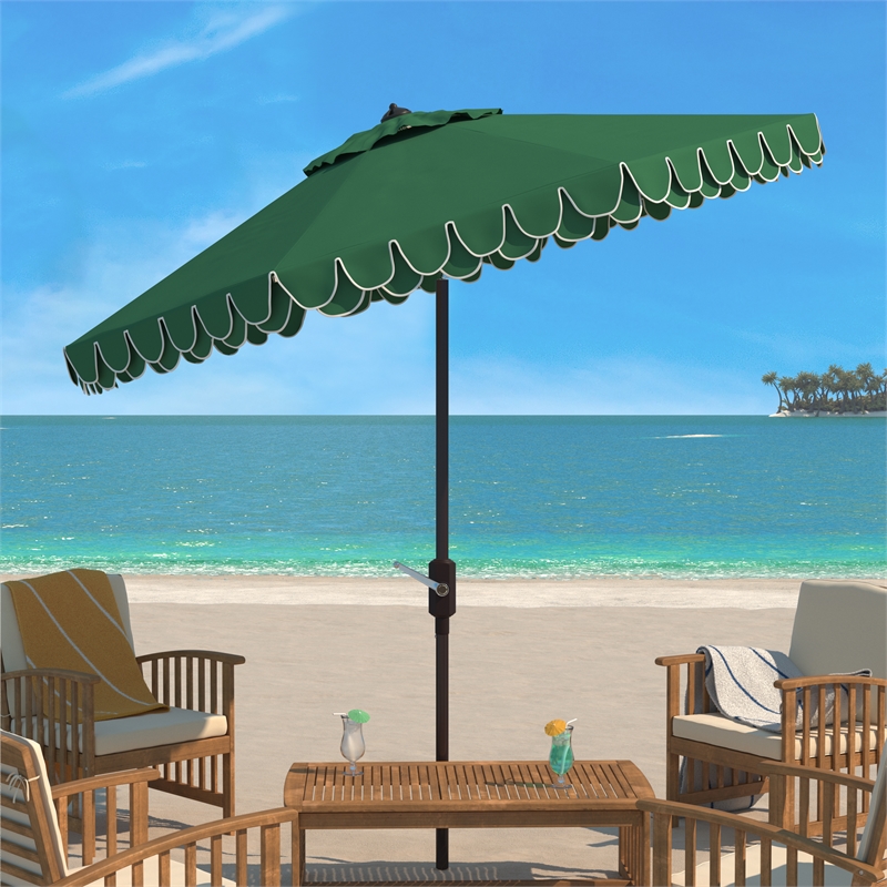 Safavieh Elegant Valance 9Ft Round Metal and Fabric Umbrella in Green