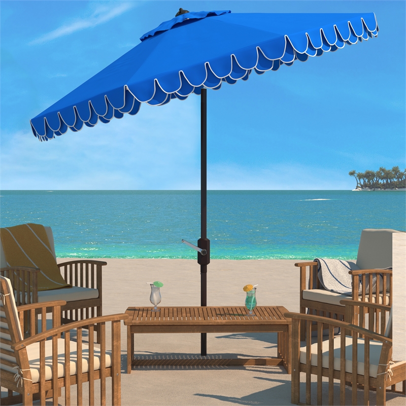 Safavieh Elegant Valance 9Ft Round Metal and Fabric Umbrella in Blue