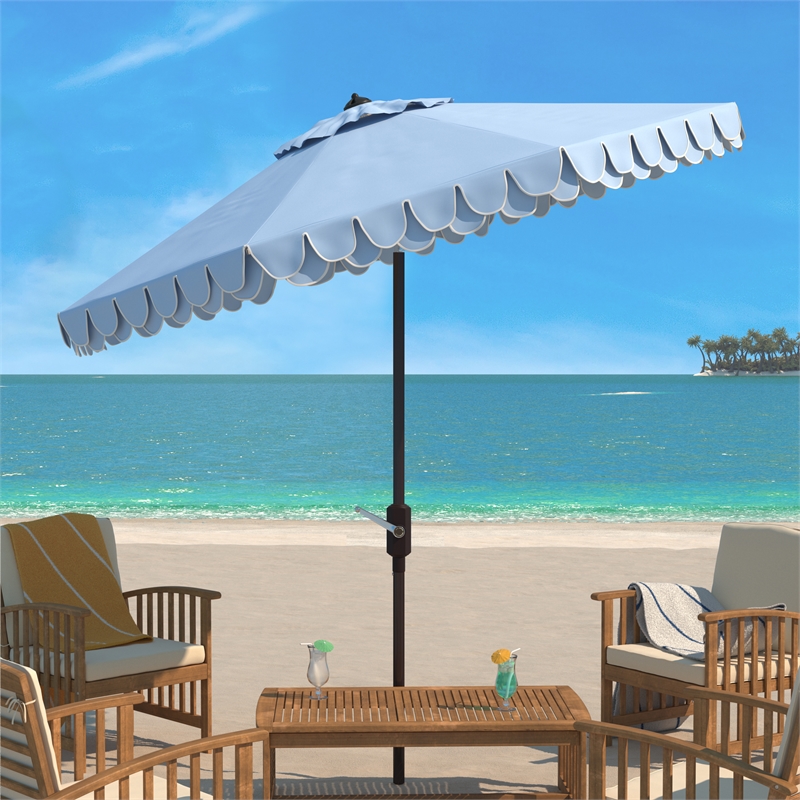 Safavieh Elegant Valance 9Ft Round Metal and Fabric Umbrella in Baby Blue /White