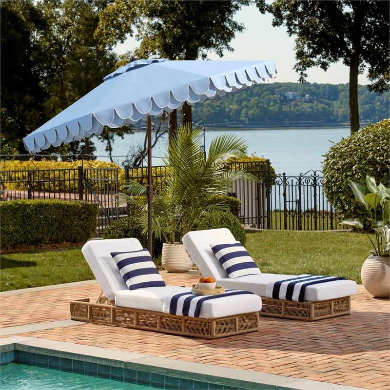 Safavieh Elegant Valance 9Ft Round Metal and Fabric Umbrella in Baby Blue /White