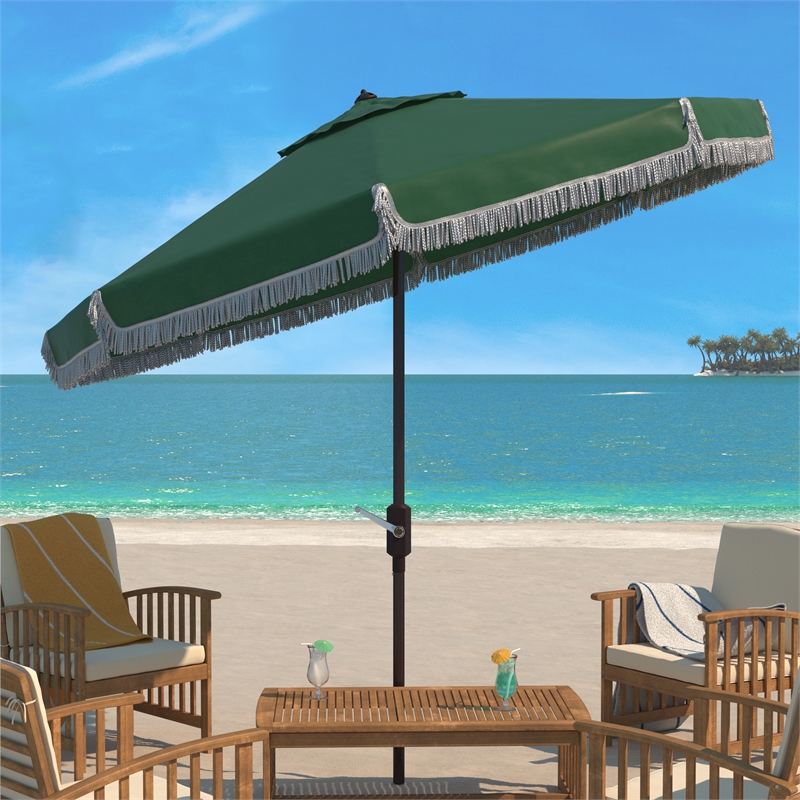 Safavieh Milan Fringe 9Ft Metal and Fabric Crank Umbrella in Green