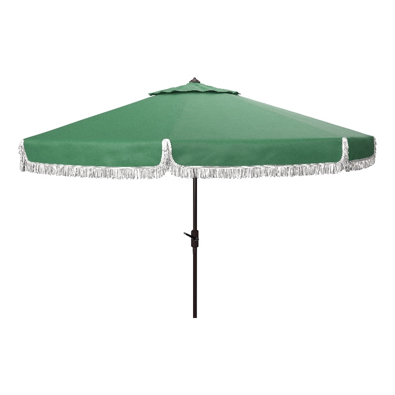 Safavieh Milan Fringe 9Ft Metal and Fabric Crank Umbrella in Green