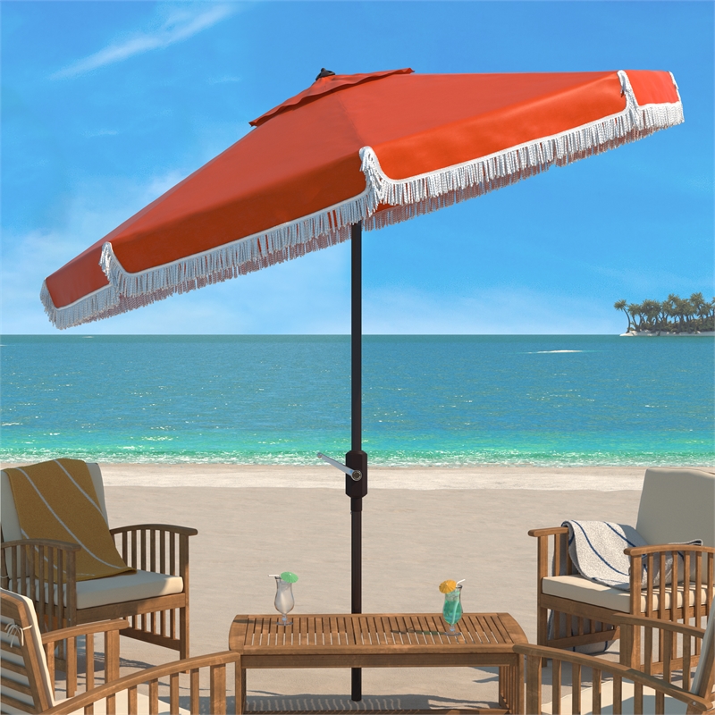Safavieh Milan Fringe 9Ft Metal and Fabric Crank Umbrella in Orange