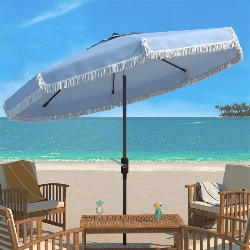 Safavieh Milan Fringe 9Ft Metal and Fabric Crank Umbrella in Baby Blue / White