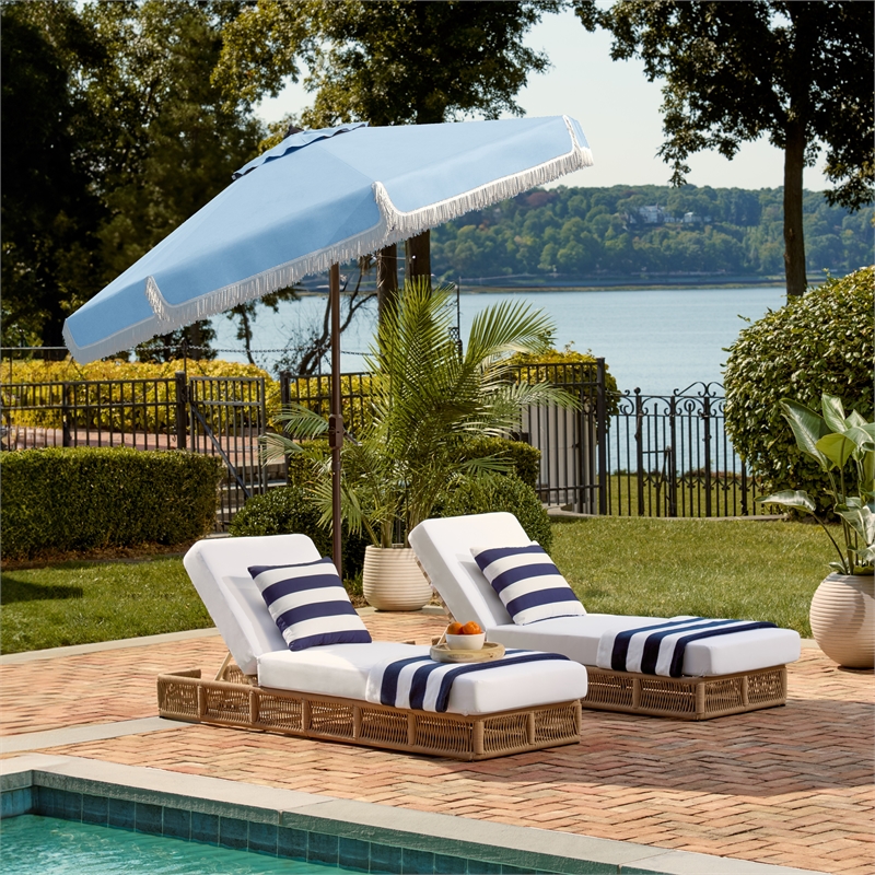 Safavieh Milan Fringe 9Ft Metal and Fabric Crank Umbrella in Baby Blue / White