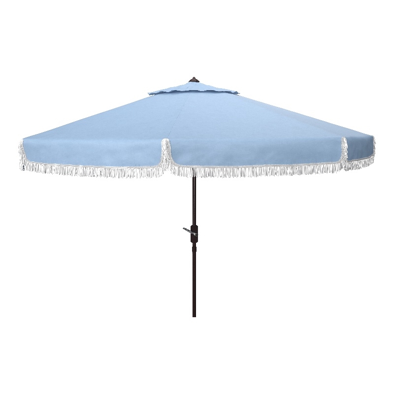 Safavieh Milan Fringe 9Ft Metal and Fabric Crank Umbrella in Baby Blue / White