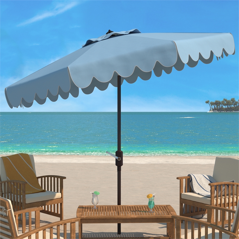 Safavieh Venice 9Ft Metal and Fabric Crank Umbrella in Baby Blue / White
