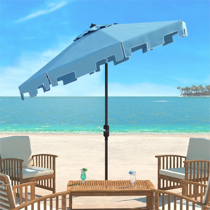 Safavieh Zimmerman 11Ft Round Metal and Fabric Crank Umbrella in Baby Blue/White