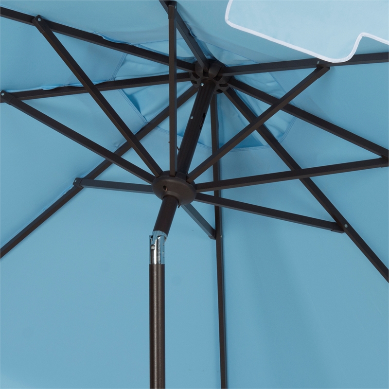 Safavieh Zimmerman 11Ft Round Metal and Fabric Crank Umbrella in Baby Blue/White