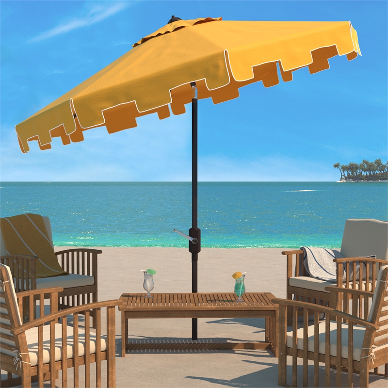 Safavieh Zimmerman 11Ft Round Metal and Fabric Crank Umbrella in Yellow