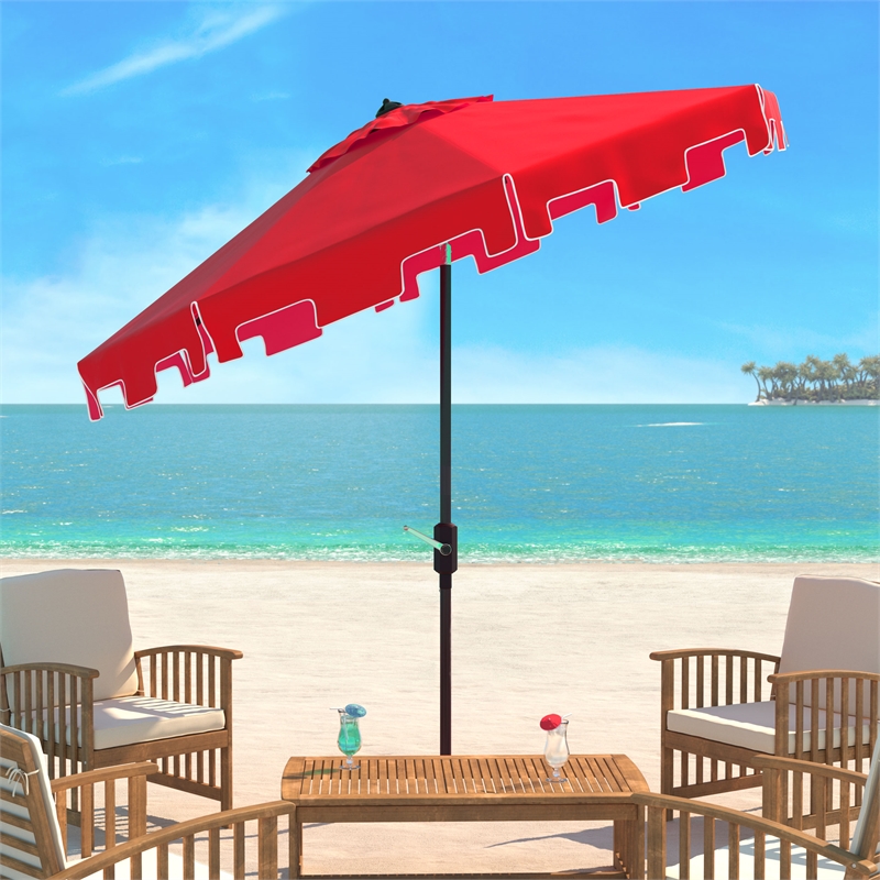 Safavieh Zimmerman 11Ft Round Metal and Fabric Crank Umbrella in Red