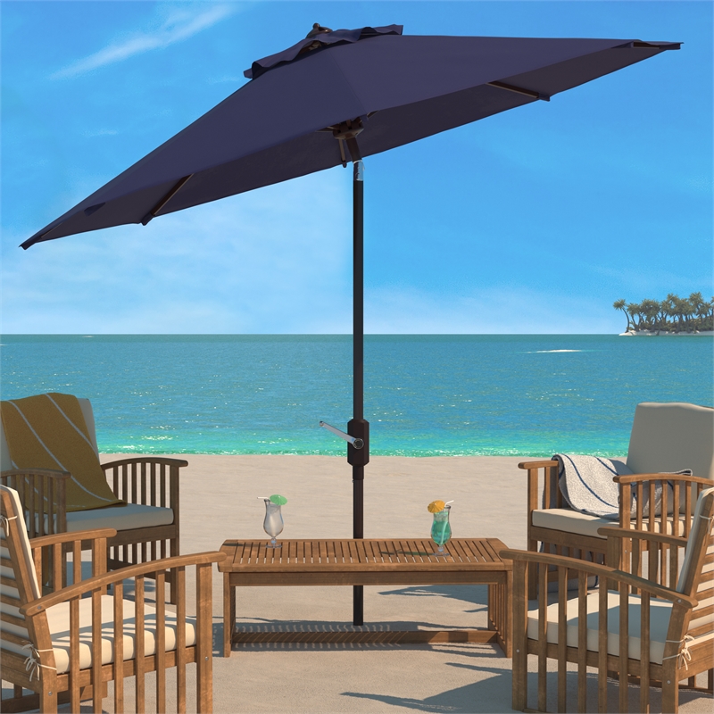 Safavieh Herla 11Ft Metal and Fabric Auto Tilt Market Umbrella in Navy