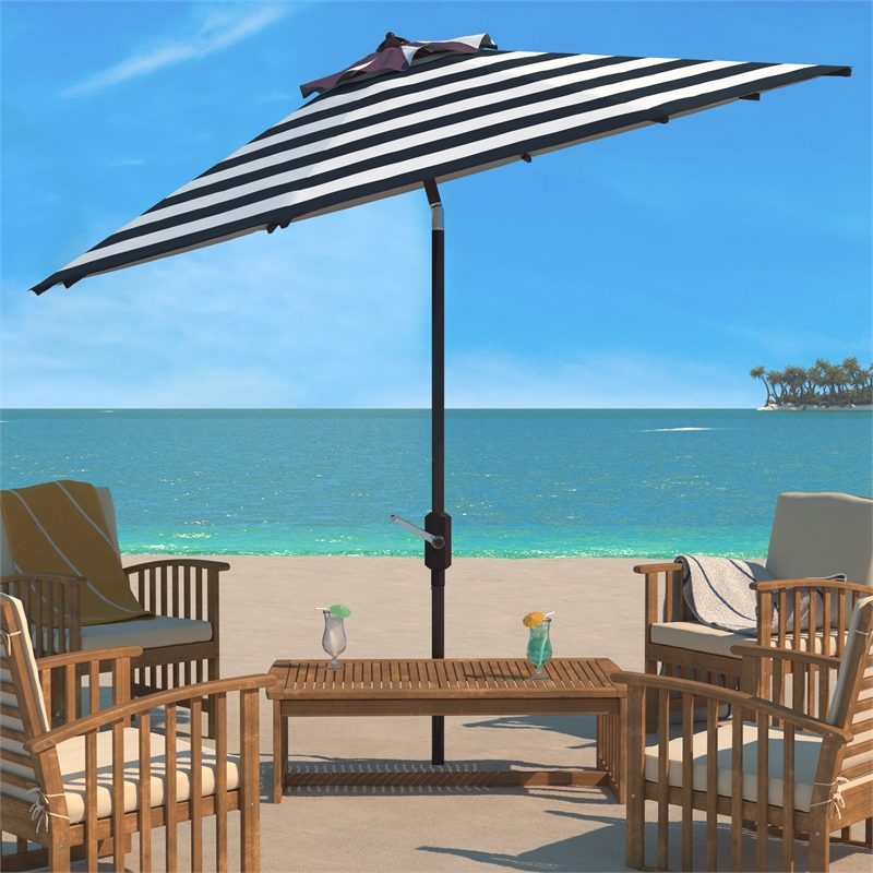 Safavieh Iris Fashion Line 11Ft Round Metal  Crank Umbrella  in Navy / White