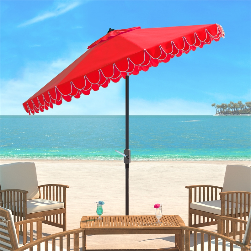 Safavieh Elegant Valance 11Ft Round Metal and Fabric Crank Umbrella in Red