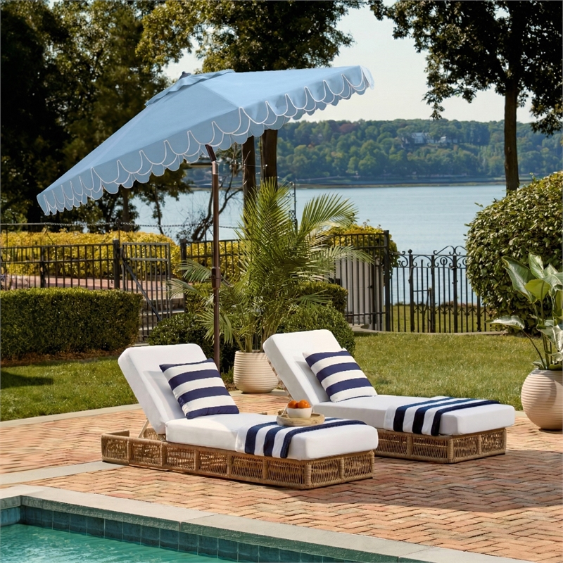Safavieh Elegant Valance 11Ft Round Metal Crank Umbrella in Baby Blue / White