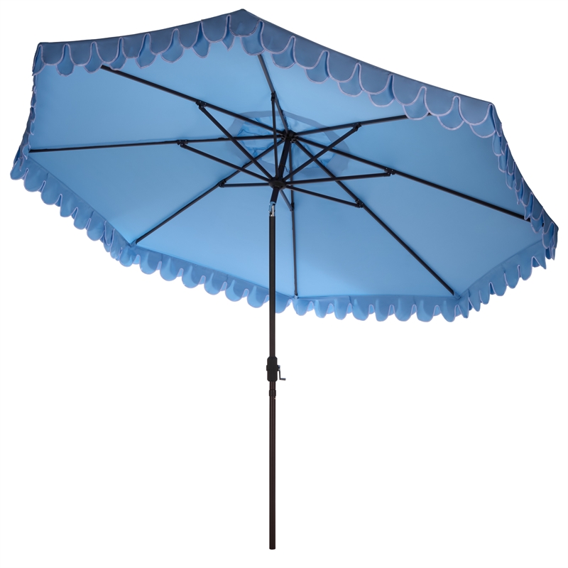 Safavieh Elegant Valance 11Ft Round Metal Crank Umbrella in Baby Blue / White