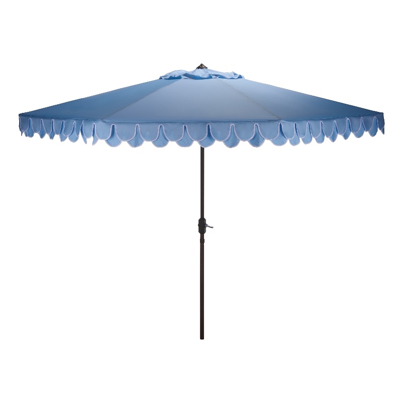 Safavieh Elegant Valance 11Ft Round Metal Crank Umbrella in Baby Blue / White