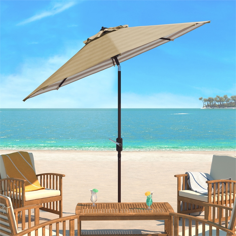 Safavieh Athens 11Ft Round Metal and Fabric Crank Umbrella in Beige / White