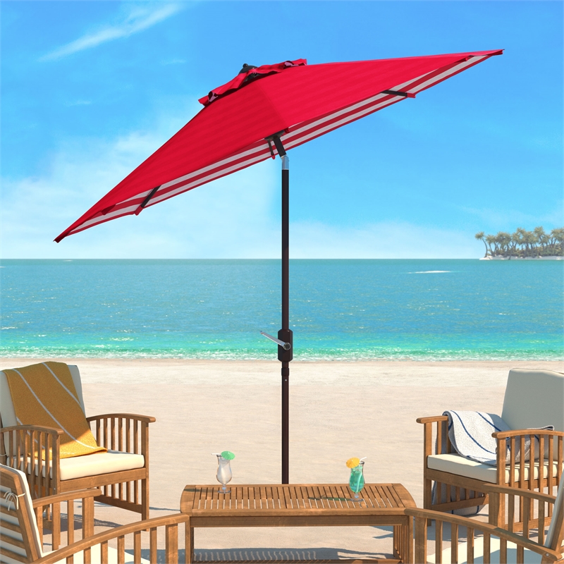 Safavieh Athens 11Ft Round Metal and Fabric Crank Umbrella in Red