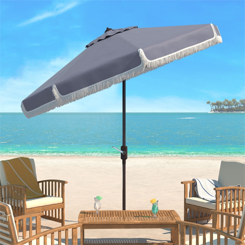 Safavieh Milan Fringe 11Ft Round Metal and Fabric Crank Umbrella in Gray