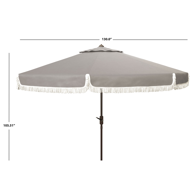 Safavieh Milan Fringe 11Ft Round Metal and Fabric Crank Umbrella in Gray