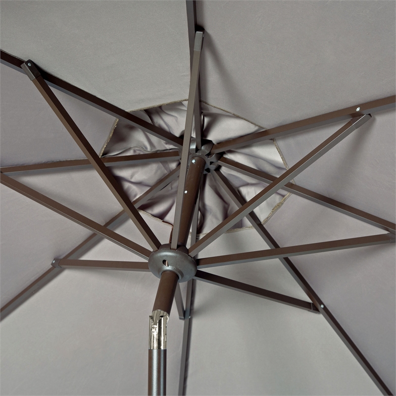 Safavieh Milan Fringe 11Ft Round Metal and Fabric Crank Umbrella in Gray