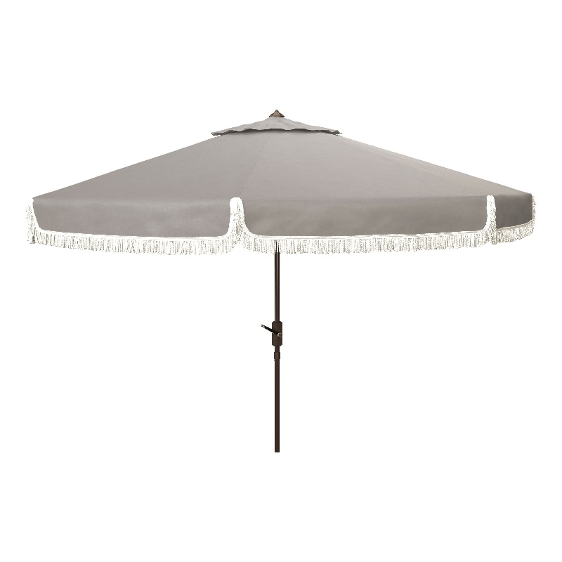 Safavieh Milan Fringe 11Ft Round Metal and Fabric Crank Umbrella in Gray