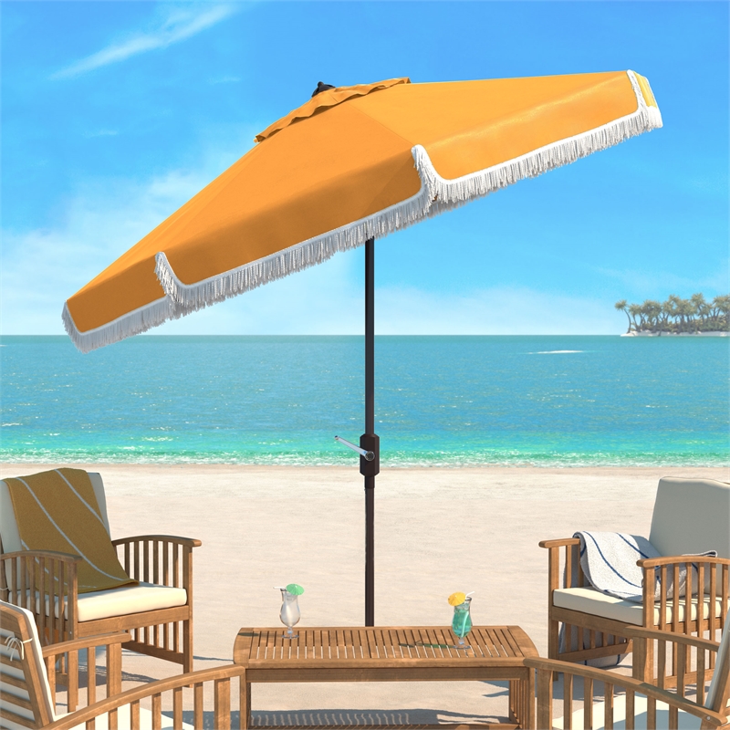 Safavieh Milan Fringe 11Ft Round Metal and Fabric Crank Umbrella in Yellow