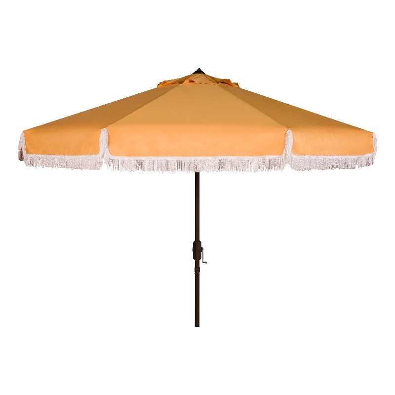 Safavieh Milan Fringe 11Ft Round Metal and Fabric Crank Umbrella in Yellow