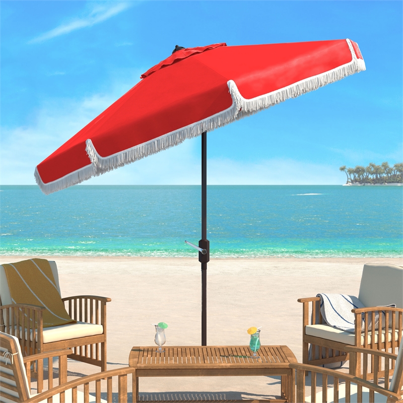 Safavieh Milan Fringe 11Ft Round Metal and Fabric Crank Umbrella in Red