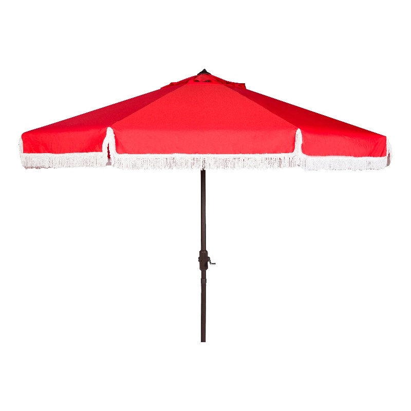 Safavieh Milan Fringe 11Ft Round Metal and Fabric Crank Umbrella in Red