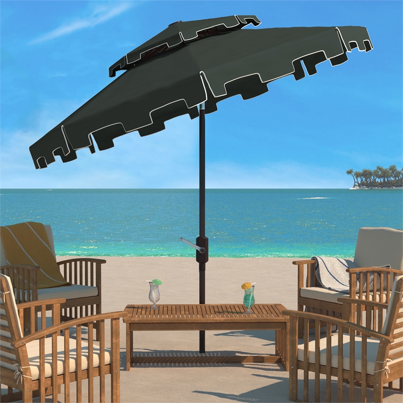 Safavieh Zimmerman 9Ft Double Top Metal and Fabric Market Umbrella in Green