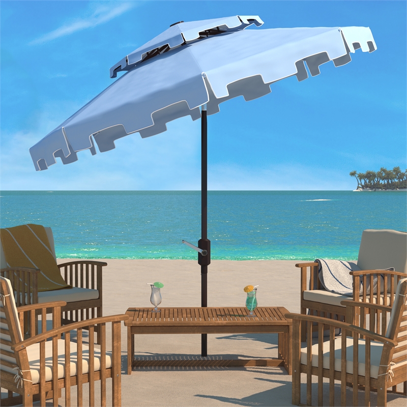 Safavieh Zimmerman 9Ft Double Top Metal Market Umbrella in Baby Blue / White