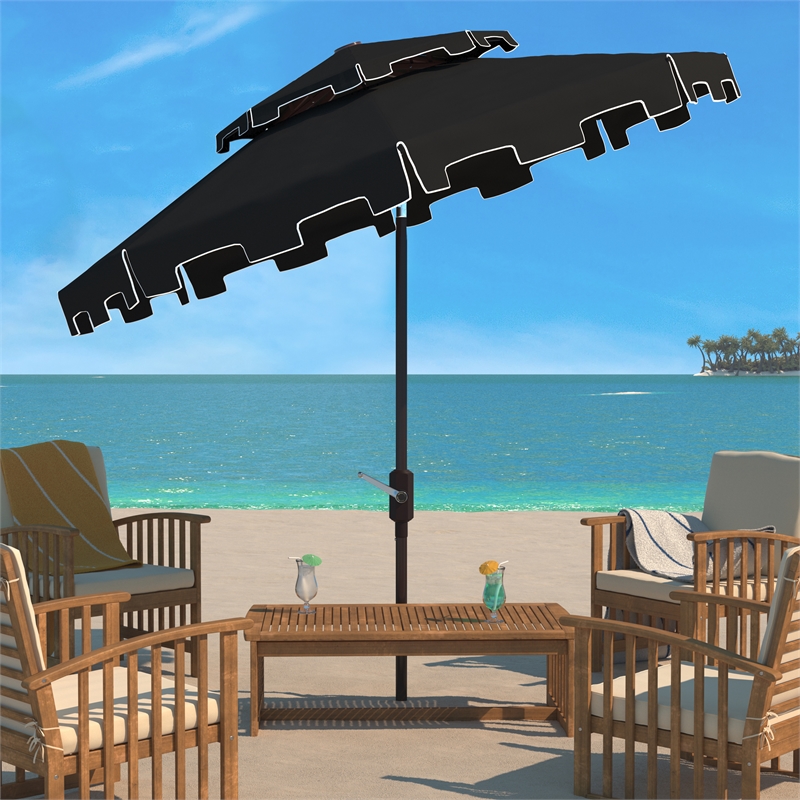 Safavieh Zimmerman 9Ft Double Top Metal and Fabric Market Umbrella inBlack/White