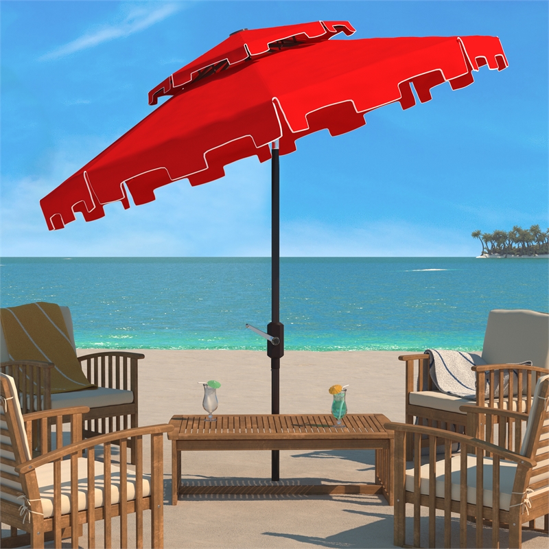 Safavieh Zimmerman 9Ft Double Top  Metal and Fabric Market Umbrella in Red/White