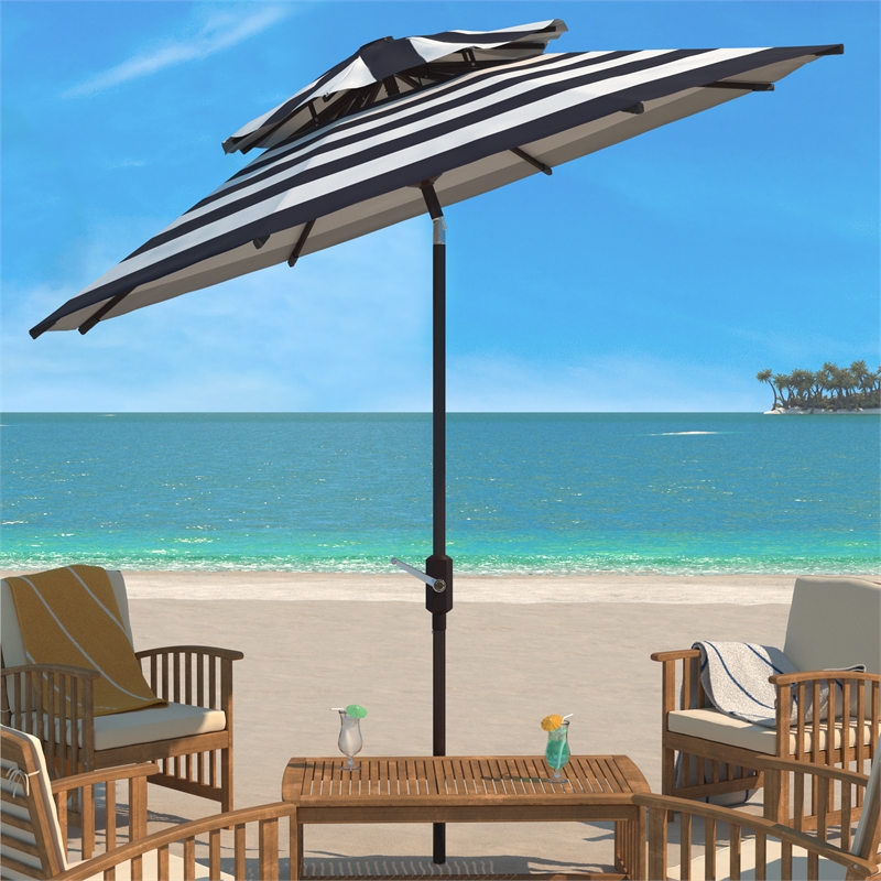 Safavieh Iris Fashion Line 9Ft Double Top Metal Crank Umbrella in Navy / White