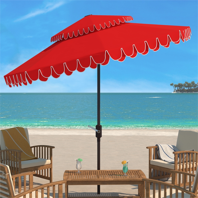 Safavieh Elegant Valance 9Ft Double Top Metal and Fabric Umbrella in Red
