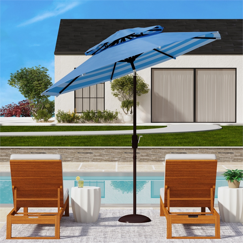 Safavieh Athens 9Ft Double Top Metal and Fabric Crank Umbrella inBaby Blue/White