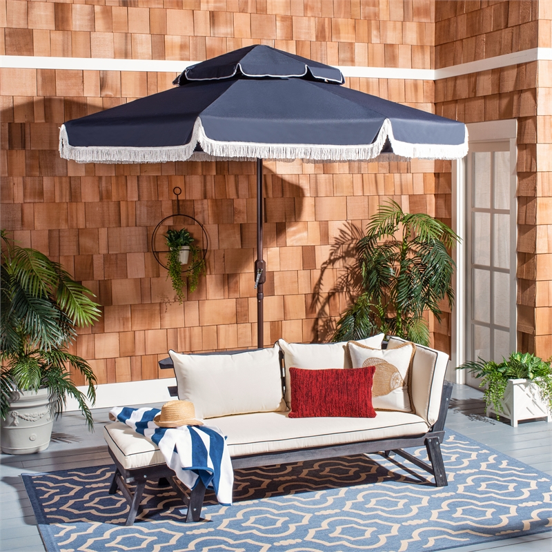 Safavieh Milan Fringe 9Ft Double Top Metal and Fabric Crank UmbrellainNavy/White