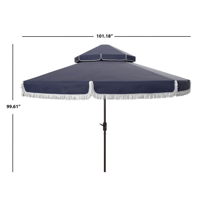 Safavieh Milan Fringe 9Ft Double Top Metal and Fabric Crank UmbrellainNavy/White
